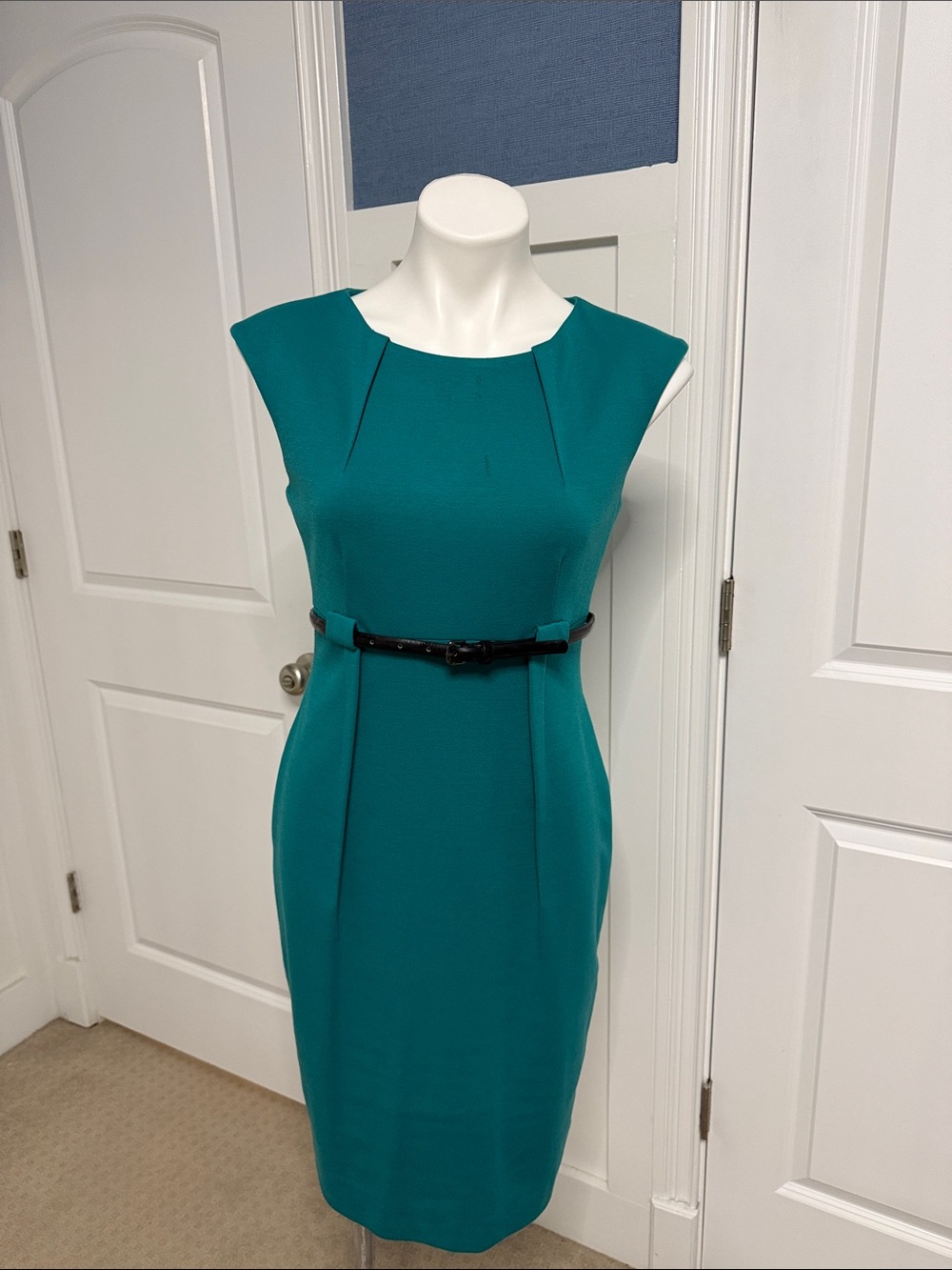Calvin Klein Teal Cap-Sleeve Sheath Dress with Black Belt